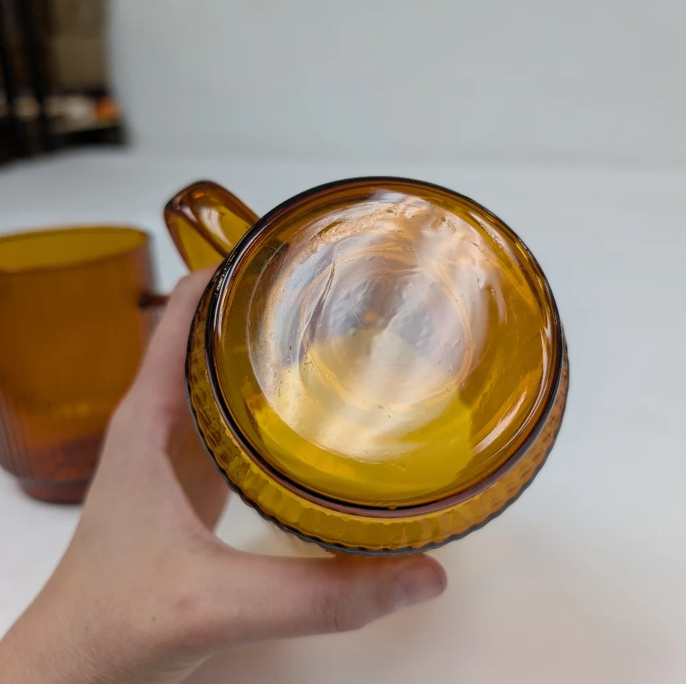 Vintage Amber Glass Coffee Mugs, Mid-Century Modern (MCM) Ribbed Fluted